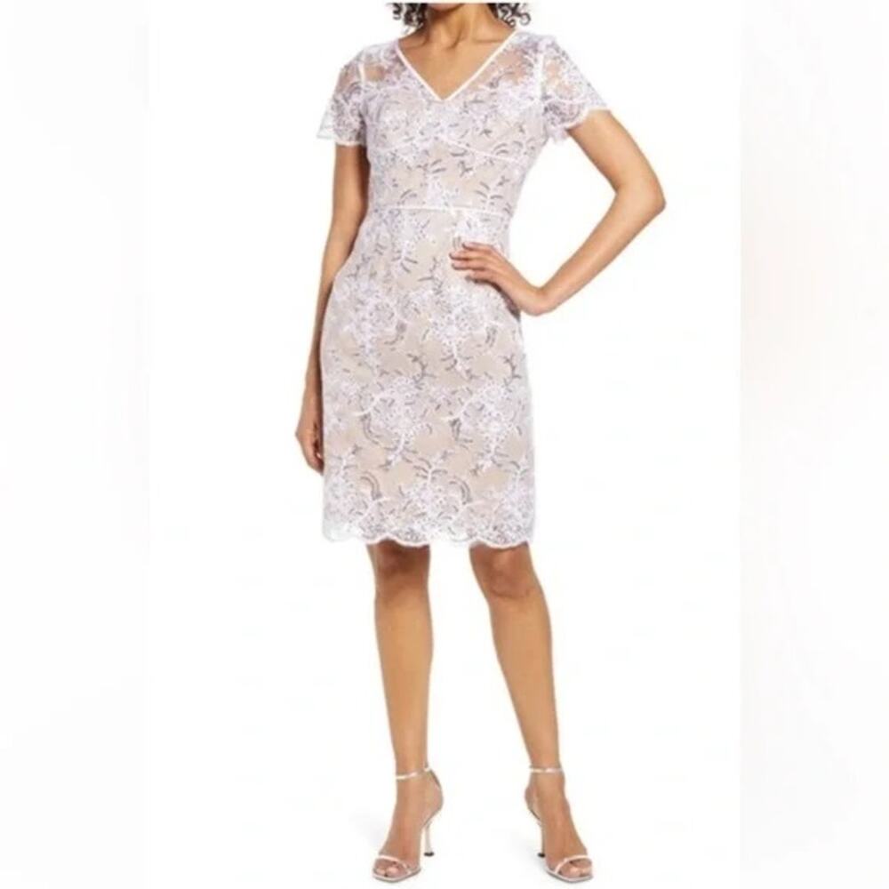NWT SHANI $432 White Lace Silver Sequin Overlay Cocktail Dress Size 6